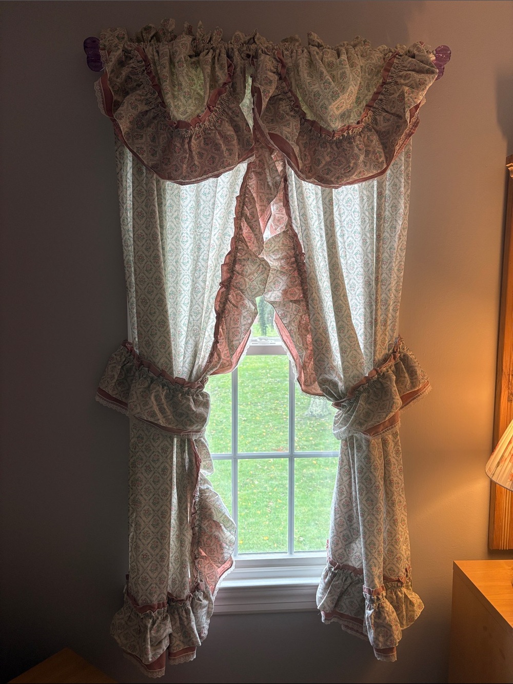 3 Sets of Classic Country Ruffled Window Curtain Panels, Valances, & Ties